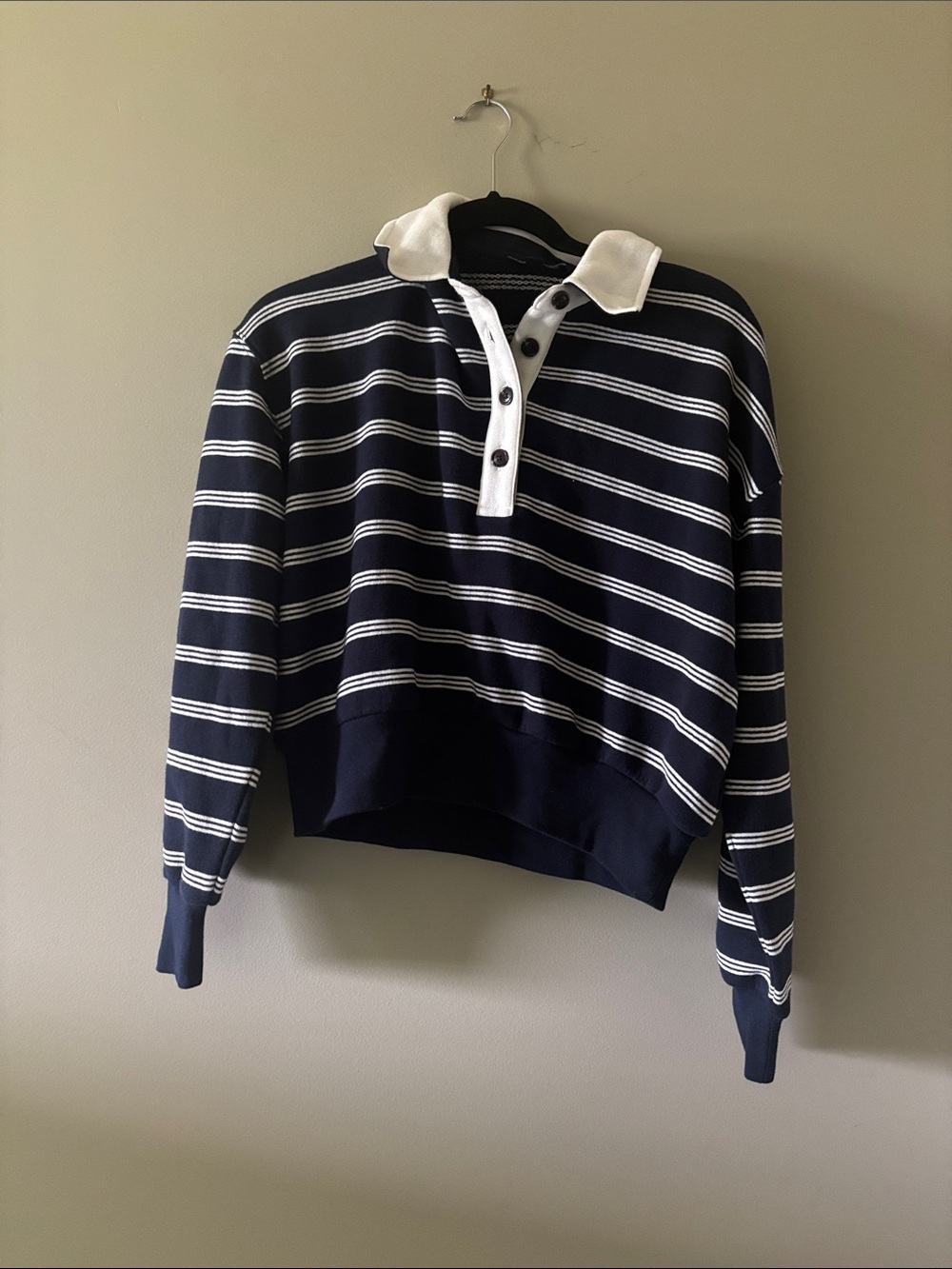 J. Crew Navy Striped Rugby Pullover with White Collar